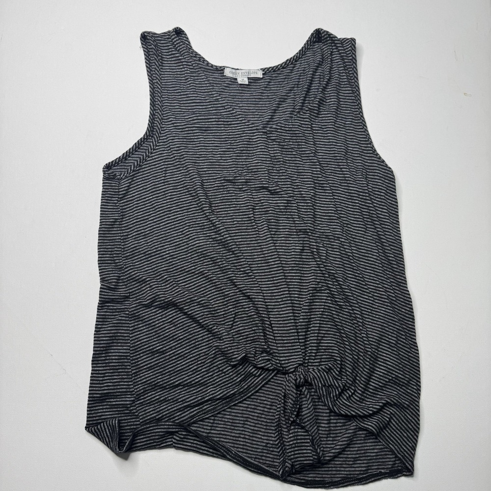 Green Envelope Womens Medium Black Gray Striped Tie Front Tank Top Made USA